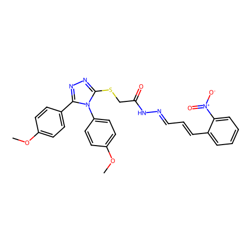 (E)-2-((4,5-bis(4-methoxyphenyl)-4H-1,2,4-triazol-3-yl)thio)-N'-((E)-3-(2-nitrophenyl)allylidene)acetohydrazide structure