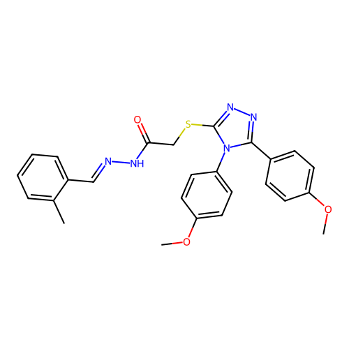 (E)-2-((4,5-bis(4-methoxyphenyl)-4H-1,2,4-triazol-3-yl)thio)-N'-(2-methylbenzylidene)acetohydrazide structure
