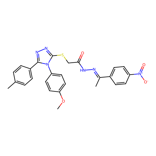 (E)-2-((4-(4-methoxyphenyl)-5-(p-tolyl)-4H-1,2,4-triazol-3-yl)thio)-N'-(1-(4-nitrophenyl)ethylidene)acetohydrazide structure
