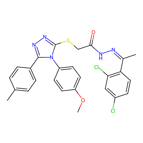 (Z)-N'-(1-(2,4-dichlorophenyl)ethylidene)-2-((4-(4-methoxyphenyl)-5-(p-tolyl)-4H-1,2,4-triazol-3-yl)thio)acetohydrazide structure