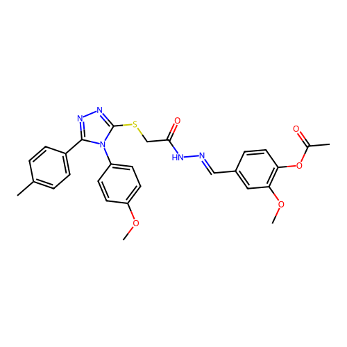 (E)-2-methoxy-4-((2-(2-((4-(4-methoxyphenyl)-5-(p-tolyl)-4H-1,2,4-triazol-3-yl)thio)acetyl)hydrazono)methyl)phenyl acetate structure
