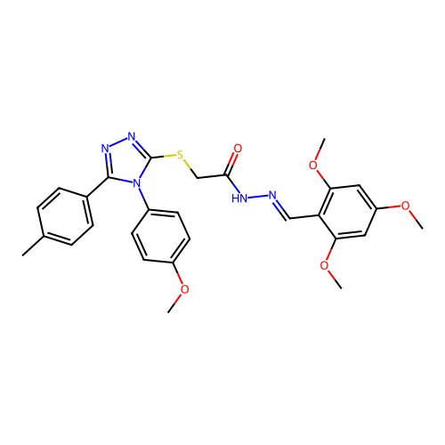 (E)-2-((4-(4-methoxyphenyl)-5-(p-tolyl)-4H-1,2,4-triazol-3-yl)thio)-N'-(2,4,6-trimethoxybenzylidene)acetohydrazide structure