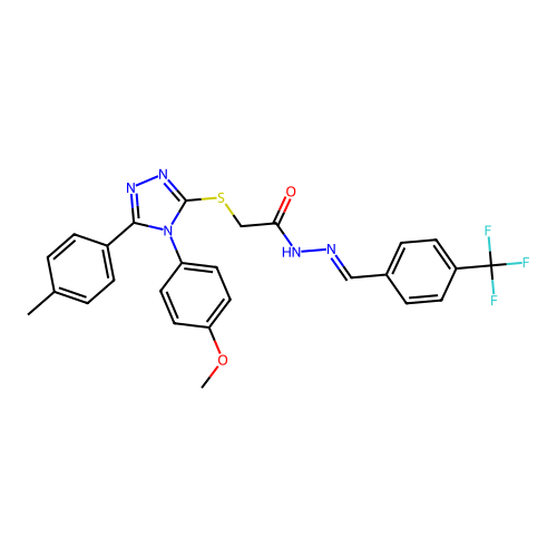 (E)-2-((4-(4-methoxyphenyl)-5-(p-tolyl)-4H-1,2,4-triazol-3-yl)thio)-N'-(4-(trifluoromethyl)benzylidene)acetohydrazide structure