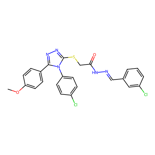 2-{[4-(4-chlorophenyl)-5-(4-methoxyphenyl)-4H-1,2,4-triazol-3-yl]sulfanyl}-N'-[(E)-(3-chlorophenyl)methylidene]acetohydrazide structure