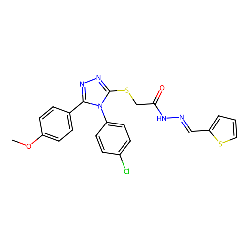 2-{[4-(4-chlorophenyl)-5-(4-methoxyphenyl)-4H-1,2,4-triazol-3-yl]sulfanyl}-N'-[(E)-thiophen-2-ylmethylidene]acetohydrazide structure