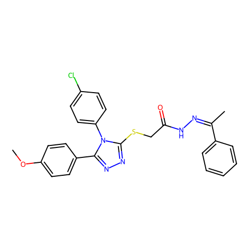 2-[[4-(4-chlorophenyl)-5-(4-methoxyphenyl)-1,2,4-triazol-3-yl]sulfanyl]-N-[(E)-1-phenylethylideneamino]acetamide structure