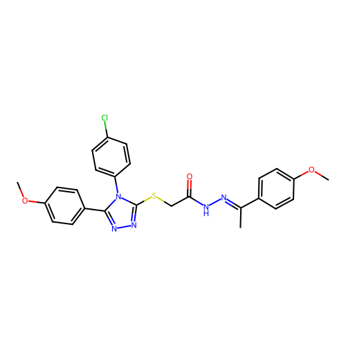(E)-2-((4-(4-chlorophenyl)-5-(4-methoxyphenyl)-4H-1,2,4-triazol-3-yl)thio)-N'-(1-(4-methoxyphenyl)ethylidene)acetohydrazide structure