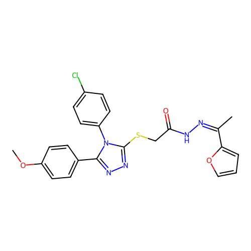 (Z)-2-((4-(4-chlorophenyl)-5-(4-methoxyphenyl)-4H-1,2,4-triazol-3-yl)thio)-N'-(1-(furan-2-yl)ethylidene)acetohydrazide structure