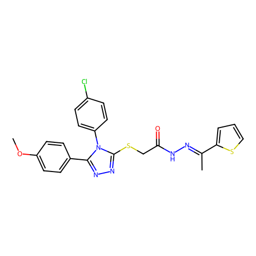 2-[[4-(4-chlorophenyl)-5-(4-methoxyphenyl)-1,2,4-triazol-3-yl]sulfanyl]-N-[(Z)-1-thiophen-2-ylethylideneamino]acetamide structure
