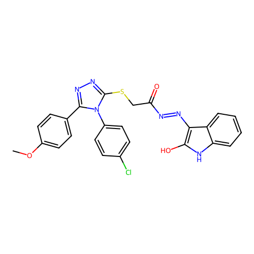 (Z)-2-((4-(4-chlorophenyl)-5-(4-methoxyphenyl)-4H-1,2,4-triazol-3-yl)thio)-N'-(2-oxoindolin-3-ylidene)acetohydrazide structure