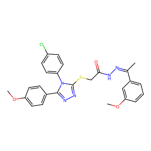 (Z)-2-((4-(4-chlorophenyl)-5-(4-methoxyphenyl)-4H-1,2,4-triazol-3-yl)thio)-N'-(1-(3-methoxyphenyl)ethylidene)acetohydrazide structure