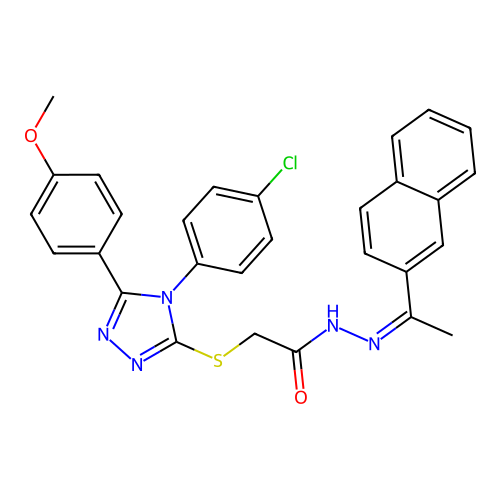 (Z)-2-((4-(4-chlorophenyl)-5-(4-methoxyphenyl)-4H-1,2,4-triazol-3-yl)thio)-N'-(1-(naphthalen-2-yl)ethylidene)acetohydrazide structure