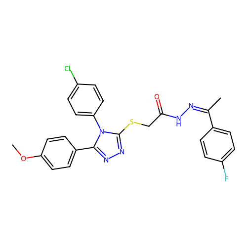 (Z)-2-((4-(4-chlorophenyl)-5-(4-methoxyphenyl)-4H-1,2,4-triazol-3-yl)thio)-N'-(1-(4-fluorophenyl)ethylidene)acetohydrazide structure