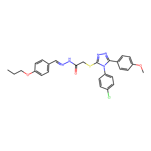 2-{[4-(4-chlorophenyl)-5-(4-methoxyphenyl)-4H-1,2,4-triazol-3-yl]sulfanyl}-N'-[(E)-(4-propoxyphenyl)methylidene]acetohydrazide structure
