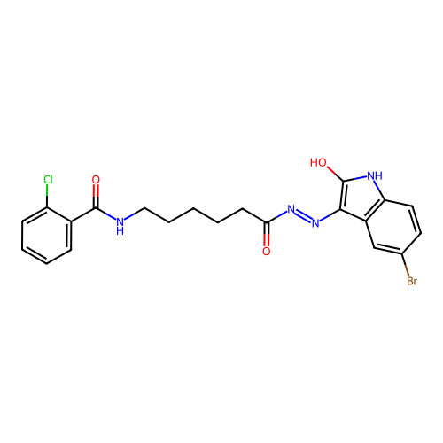 (Z)-N-(6-(2-(5-bromo-2-oxoindolin-3-ylidene)hydrazinyl)-6-oxohexyl)-2-chlorobenzamide structure