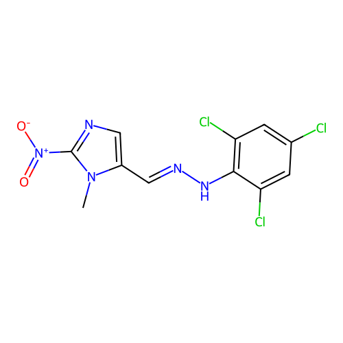 2,4,6-trichloro-N-[(E)-(3-methyl-2-nitroimidazol-4-yl)methylideneamino]aniline structure