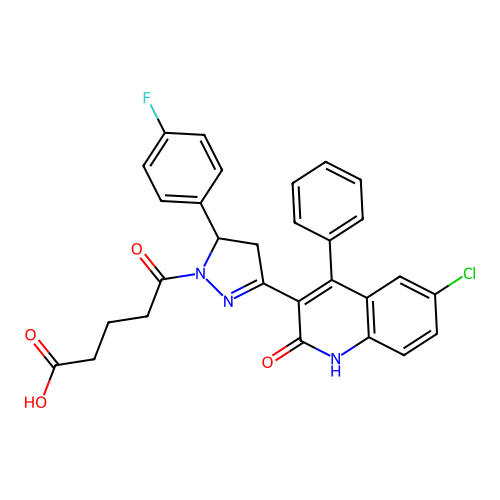 5-(3-(6-chloro-2-oxo-4-phenyl-1,2-dihydroquinolin-3-yl)-5-(4-fluorophenyl)-4,5-dihydro-1H-pyrazol-1-yl)-5-oxopentanoic acid structure