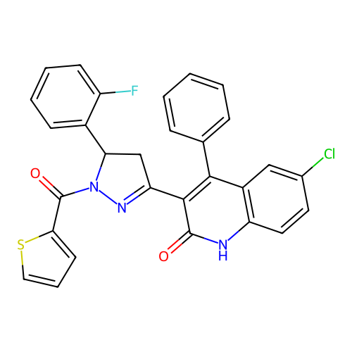 6-chloro-3-(5-(2-fluorophenyl)-1-(thiophene-2-carbonyl)-4,5-dihydro-1H-pyrazol-3-yl)-4-phenylquinolin-2(1H)-one structure