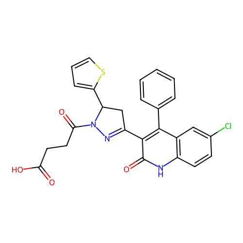 4-[3-(6-Chloro-2-oxo-4-phenyl-1,2-dihydro-quinolin-3-yl)-5-thiophen-2-yl-4,5-dihydro-pyrazol-1-yl]-4-oxo-butyric acid structure