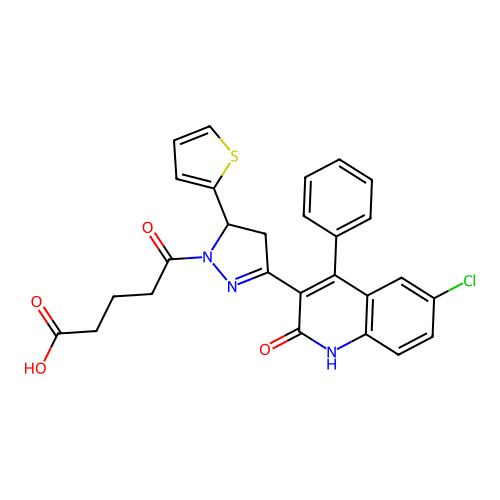 5-[3-(6-Chloro-2-oxo-4-phenyl-1,2-dihydro-quinolin-3-yl)-5-thiophen-2-yl-4,5-dihydro-pyrazol-1-yl]-5-oxo-pentanoic acid structure