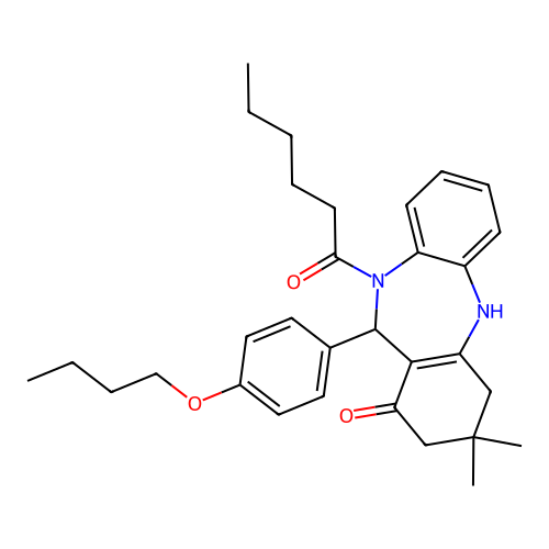 11-(4-butoxyphenyl)-10-hexanoyl-3,3-dimethyl-2,3,4,5,10,11-hexahydro-1H-dibenzo[b,e][1,4]diazepin-1-one structure