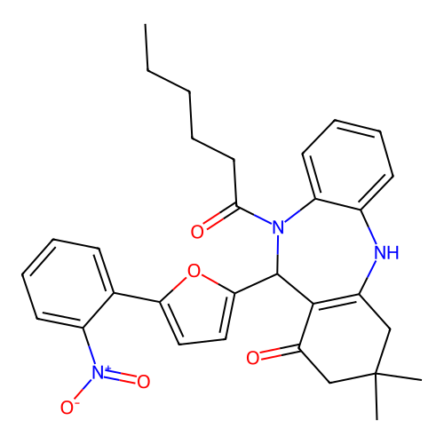 1-{1-hydroxy-3,3-dimethyl-11-[5-(2-nitrophenyl)furan-2-yl]-2,3,4,11-tetrahydro-10H-dibenzo[b,e][1,4]diazepin-10-yl}hexan-1-one structure