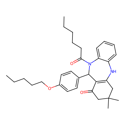 10-hexanoyl-3,3-dimethyl-11-[4-(pentyloxy)phenyl]-2,3,4,5,10,11-hexahydro-1H-dibenzo[b,e][1,4]diazepin-1-one structure