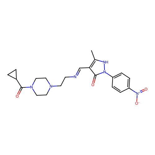 (E)-4-(((2-(4-(cyclopropanecarbonyl)piperazin-1-yl)ethyl)imino)methyl)-5-methyl-2-(4-nitrophenyl)-1H-pyrazol-3(2H)-one structure