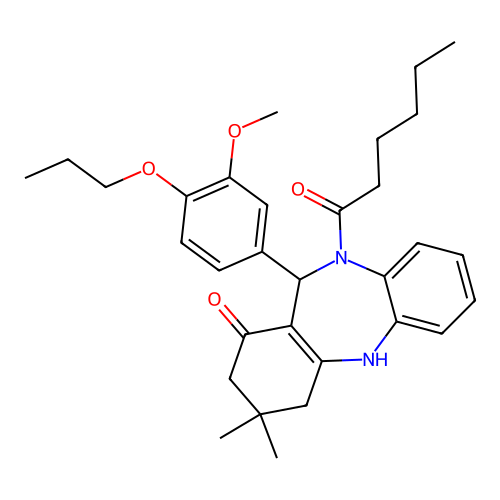 10-hexanoyl-11-(3-methoxy-4-propoxyphenyl)-3,3-dimethyl-2,3,4,5,10,11-hexahydro-1H-dibenzo[b,e][1,4]diazepin-1-one structure