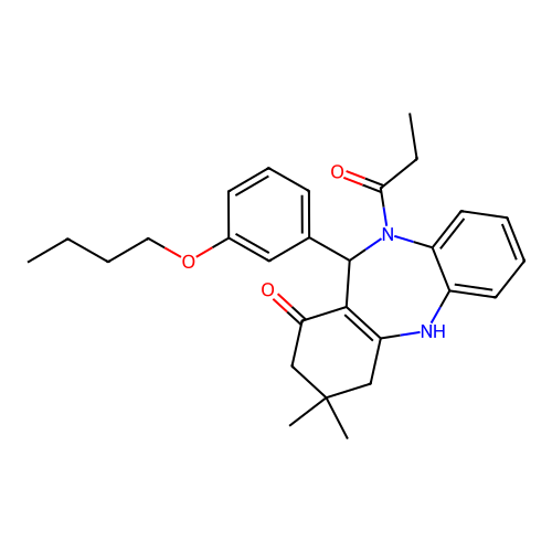 11-(3-butoxyphenyl)-3,3-dimethyl-10-propanoyl-2,3,4,5,10,11-hexahydro-1H-dibenzo[b,e][1,4]diazepin-1-one structure