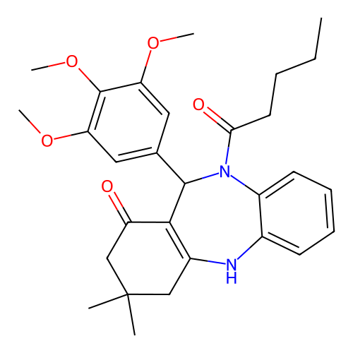 3,3-dimethyl-10-pentanoyl-11-(3,4,5-trimethoxyphenyl)-2,3,4,5,10,11-hexahydro-1H-dibenzo[b,e][1,4]diazepin-1-one structure