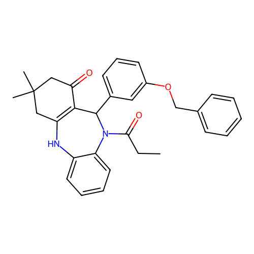 11-[3-(benzyloxy)phenyl]-3,3-dimethyl-10-propanoyl-2,3,4,5,10,11-hexahydro-1H-dibenzo[b,e][1,4]diazepin-1-one structure