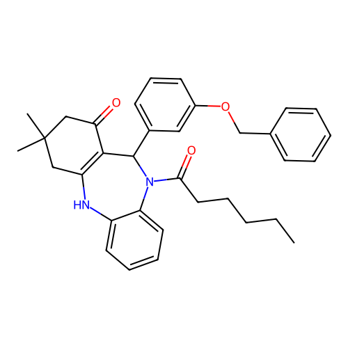 11-[3-(benzyloxy)phenyl]-10-hexanoyl-3,3-dimethyl-2,3,4,5,10,11-hexahydro-1H-dibenzo[b,e][1,4]diazepin-1-one structure