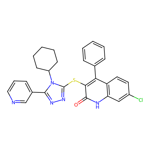7-chloro-3-[(4-cyclohexyl-5-pyridin-3-yl-1,2,4-triazol-3-yl)sulfanyl]-4-phenyl-1H-quinolin-2-one structure