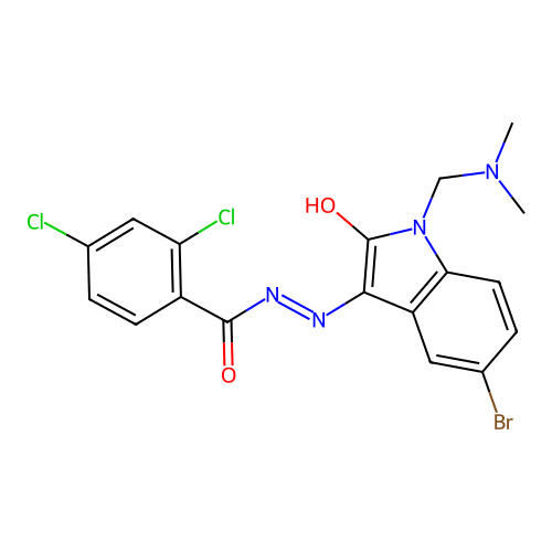 N-[(E)-[5-bromo-1-(dimethylaminomethyl)-2-oxoindol-3-ylidene]amino]-2,4-dichlorobenzamide structure
