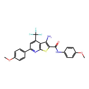 3-amino-N,6-bis(4-methoxyphenyl)-4-(trifluoromethyl)thieno[2,3-b]pyridine-2-carboxamide structure