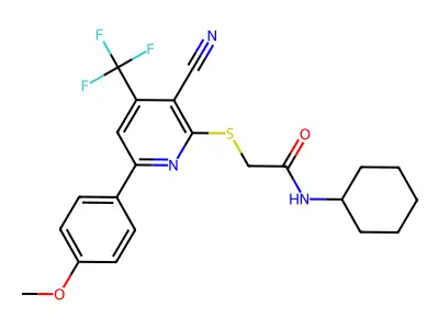 2-[3-cyano-6-(4-methoxyphenyl)-4-(trifluoromethyl)pyridin-2-yl]sulfanyl-N-cyclohexylacetamide structure