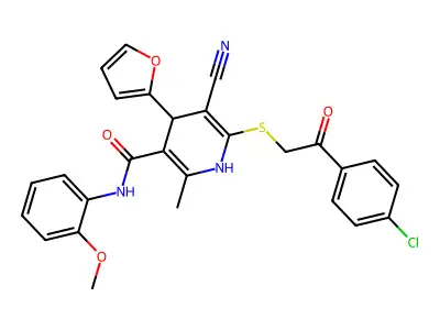 6-((2-(4-chlorophenyl)-2-oxoethyl)thio)-5-cyano-4-(furan-2-yl)-N-(2-methoxyphenyl)-2-methyl-1,4-dihydropyridine-3-carboxamide structure