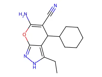 6-Amino-4-cyclohexyl-3-ethyl-2,4-dihydropyrano[2,3-c]pyrazole-5-carbonitrile structure