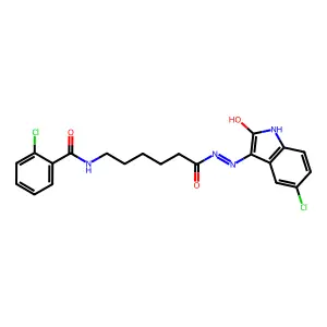 2-chloro-N-{6-[(2Z)-2-(5-chloro-2-oxo-1,2-dihydro-3H-indol-3-ylidene)hydrazinyl]-6-oxohexyl}benzamide structure