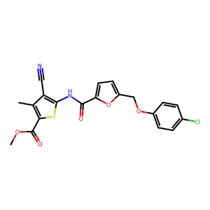 methyl 5-({5-[(4-chlorophenoxy)methyl](2-furyl)}carbonylamino)-4-cyano-3-methy lthiophene-2-carboxylate structure