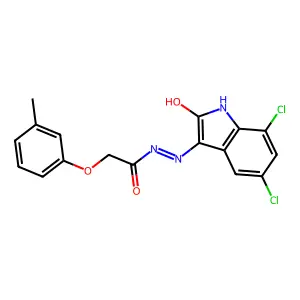 N'-[(3E)-5,7-dichloro-2-oxo-1,2-dihydro-3H-indol-3-ylidene]-2-(3-methylphenoxy)acetohydrazide structure