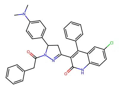 6-chloro-3-(5-(4-(dimethylamino)phenyl)-1-(2-phenylacetyl)-4,5-dihydro-1H-pyrazol-3-yl)-4-phenylquinolin-2(1H)-one structure