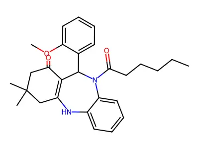 10-hexanoyl-11-(2-methoxyphenyl)-3,3-dimethyl-2,3,4,5,10,11-hexahydro-1H-dibenzo[b,e][1,4]diazepin-1-one structure
