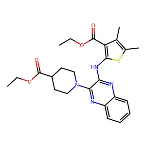 ethyl 1-(3-{[3-(ethoxycarbonyl)-4,5-dimethylthiophen-2-yl]amino}quinoxalin-2-yl)piperidine-4-carboxylate structure