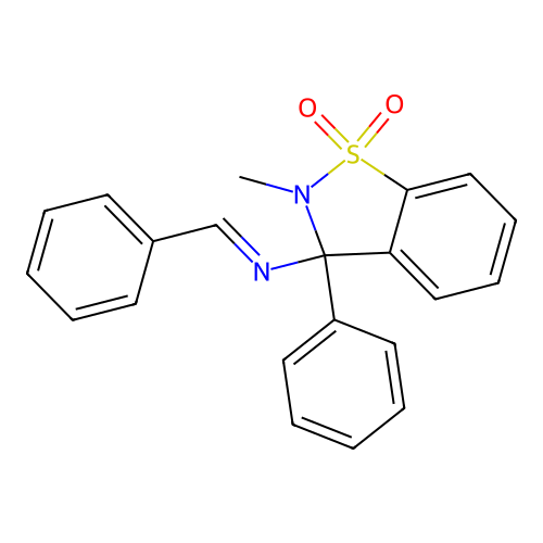 (E)-N-(2-methyl-1,1-dioxo-3-phenyl-1,2-benzothiazol-3-yl)-1-phenylmethanimine structure