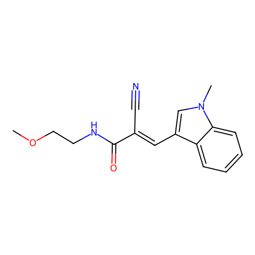 (2E)-2-cyano-N-(2-methoxyethyl)-3-(1-methyl-1H-indol-3-yl)prop-2-enamide structure