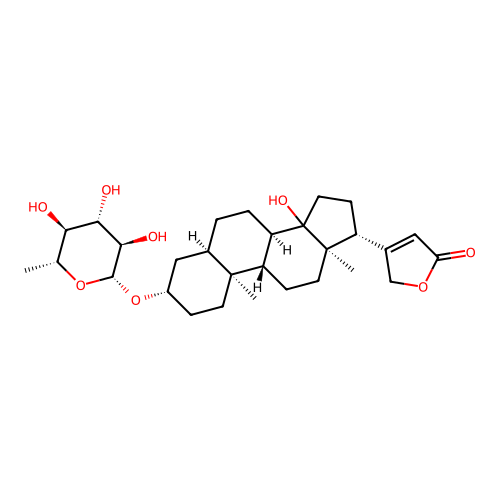 (5beta)-3beta-((6-Deoxy-beta-D-glucopyranosyl)oxy)-14-hydroxycard-20(22)-enolide structure