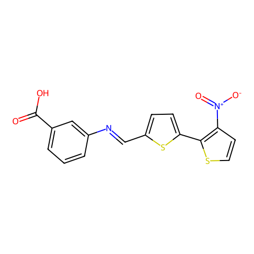 3-{[(E)-(3'-nitro-2,2'-bithiophen-5-yl)methylidene]amino}benzoic acid structure