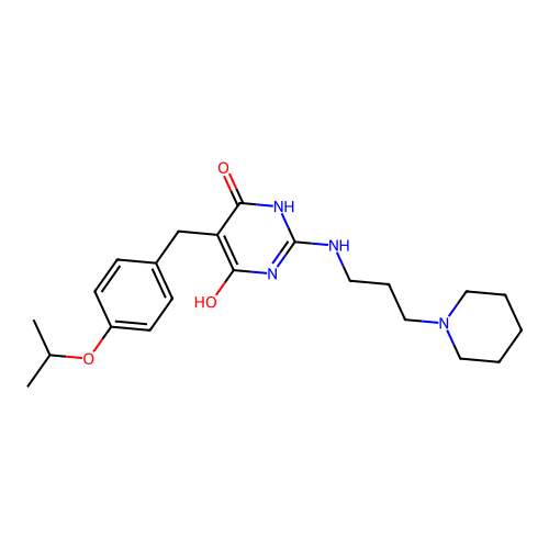 2-{[3-(piperidin-1-yl)propyl]amino}-5-[4-(propan-2-yloxy)benzyl]pyrimidine-4,6-diol structure